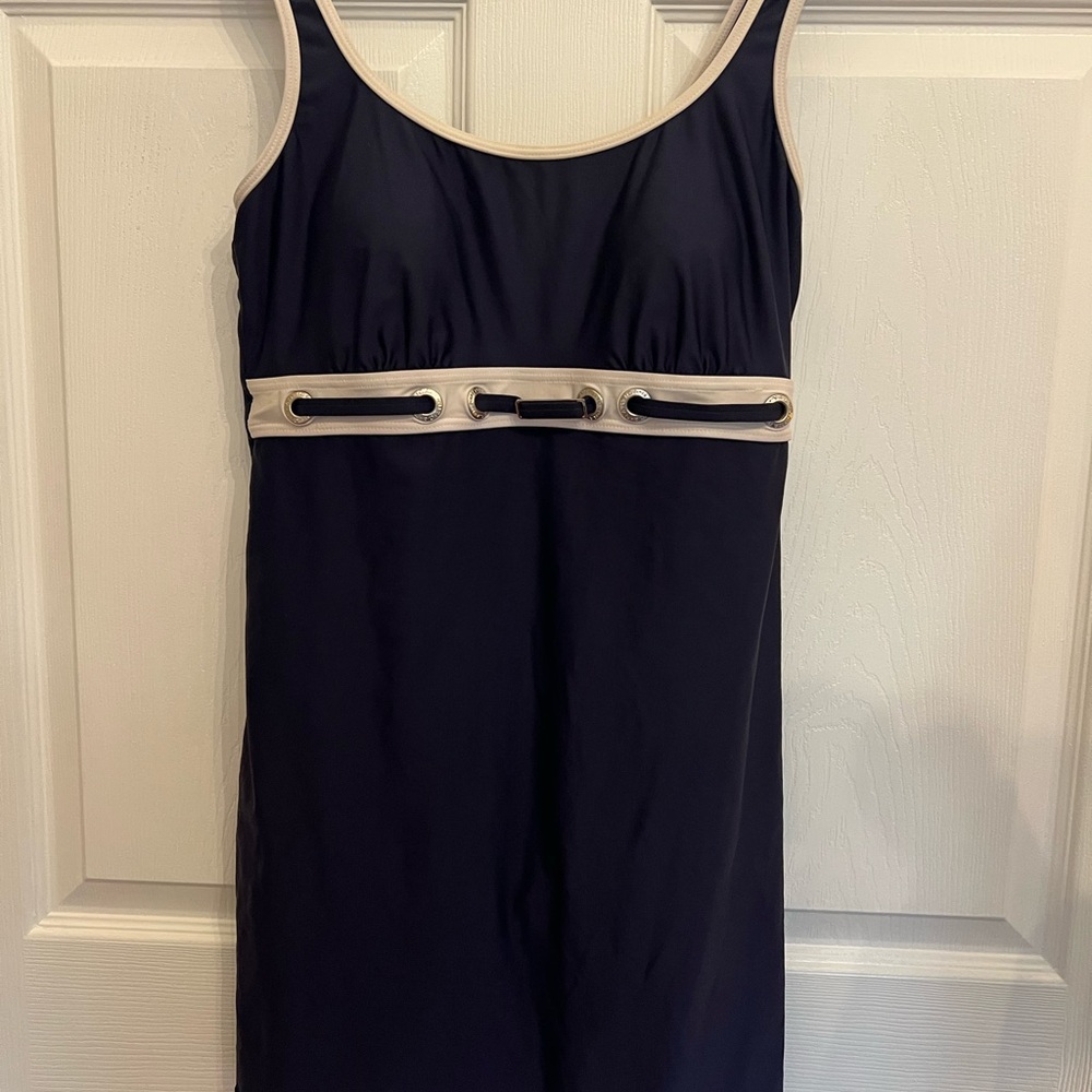 Nautica Navy Nautical Swim Dress Cream Trim Grommet Detail